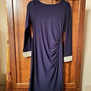 Marina Elegant Navy Blue Dress with Embellished Cuffs and Back